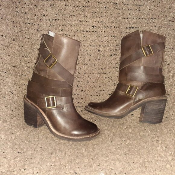 JEFFERY CAMPBELL-Brown Leather Buckle Strappy Mid-Calf Boots-Sz 37-Excellent - Picture 1 of 6